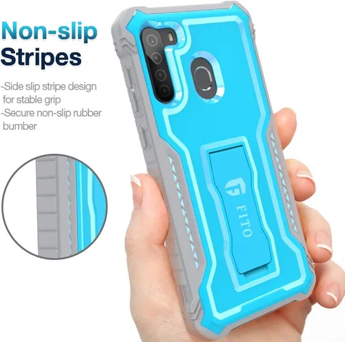 Miniatura 3 de FITO Funda para Samsung Galaxy A21, doble capa a prueba de golpes resistente con protector de pantalla para teléfono Samsung A21, soporte Azul