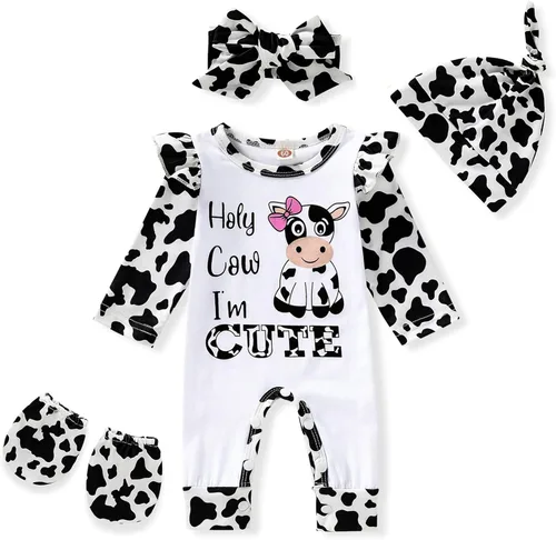 GRNSHTS Mameluco para bebé recién nacido, estampado de letras, mameluco floral, sombrero, diadema, guantes, ropa para llegar a casa