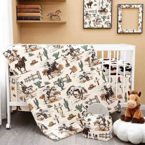 Miniatura 11 de Juego de ropa de cama de 4 piezas para cuna con animales del bosque, incluye falda de cuna de safari en la jungla, manta, sábana de cuna y apilador