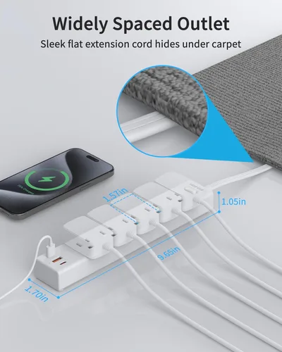Miniatura 5 de HOPOW Regleta de alimentación con enchufe plano, cable de extensión plano ultra delgado de 6 pies, protector contra sobretensiones con 5 salidas y 3