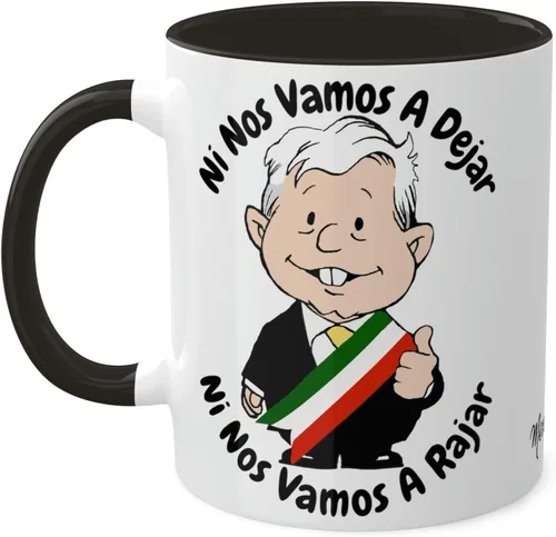 Miniatura 2 de AMLO - Taza de café Ni Nos Vamos A Dejar Ni Nos Vamos A Rajar con divertidos dibujos animados Muñeco AMLITO Taza de cerámica blanca brillante