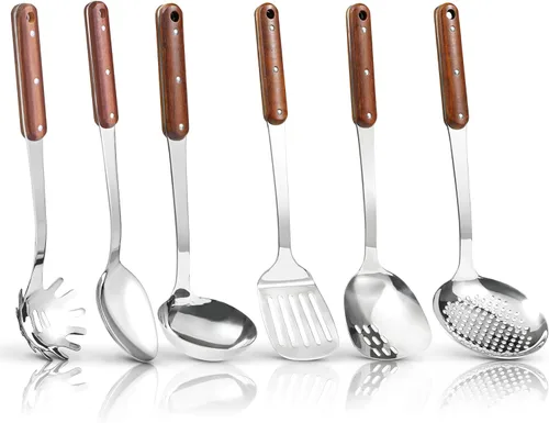 Miniatura 7 de FJNATINH - Juego de utensilios de cocina de acero inoxidable, pulido en espejo, set de 6 piezas, con mango de madera, antiadherentes y resistentes