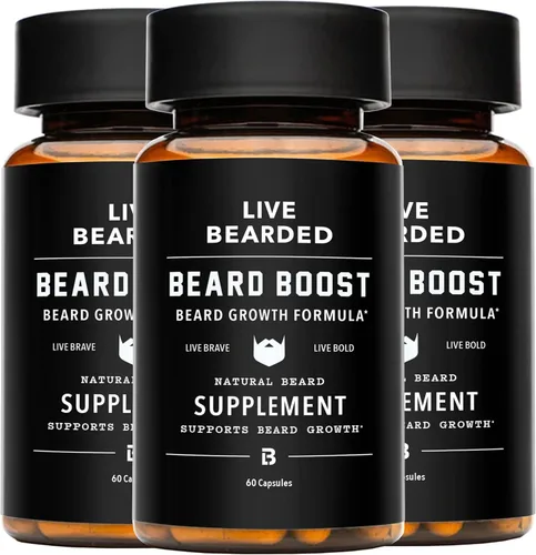 Live Bearded Beard Boost - Vitaminas para el crecimiento de la barba para hombres con biotina, colágeno, sílice, raíz de Fo-Ti, crecimiento facial