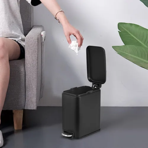 Miniatura 2 de BestOffice Cubo de Basura Delgado con Tapa, 1.3 Galones, Pedal de Paso, Cubo de Basura Pequeño, Negro, Cubo de Acero Inoxidable para Baño