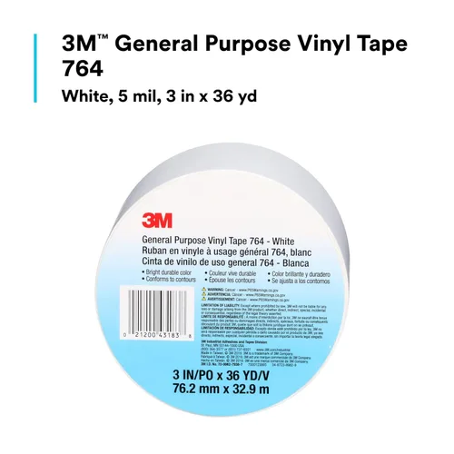 Miniatura 3 de 3M Cinta de vinilo 764, Uso general, 3 pulgadas x 36 yardas, blanca, 1 rollo, cinta de marcado de piso de tráfico ligero, distanciamiento social
