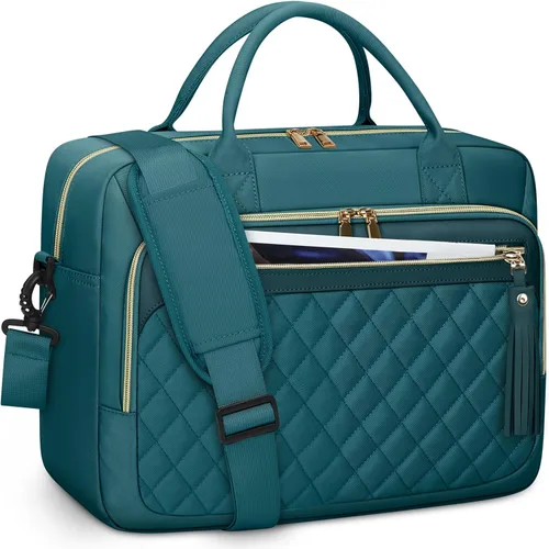 Miniatura 10 de RAINSMORE Bolsa para laptop de 17.3 pulgadas para mujer, impermeable, bolsa de hombro grande para computadora portátil, para trabajo, negocios, Beige