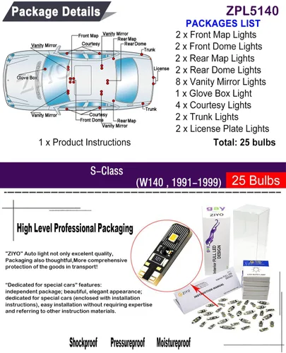 Miniatura 2 de ZIYO ZPL5140 - Kit de luz interior LED de repuesto para Mercedes Benz Clase S W140 1991-1999, 6000K xenón blanco cúpula bombillas Upgrage sin