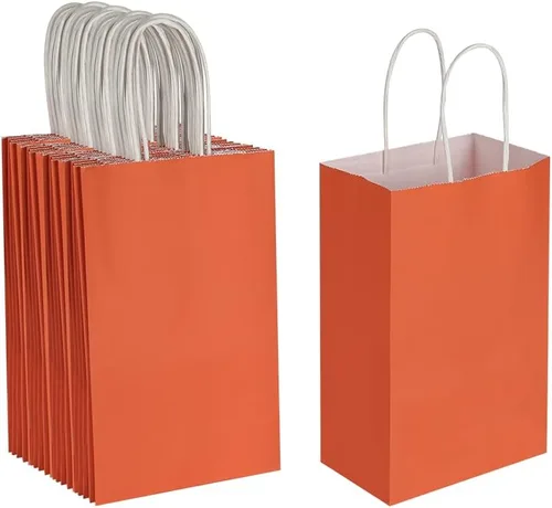 Miniatura 10 de Oikss Paquete de 50 bolsas de regalo pequeñas de 5.25 x 3.25 x 8.25 pulgadas, color marrón con asas, a granel para fiestas de cumpleaños