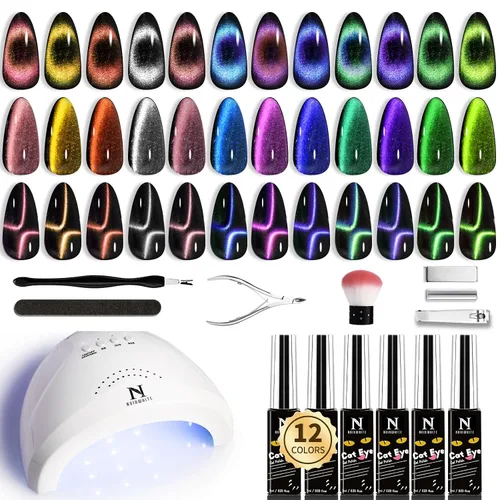 Miniatura 15 de Kit de esmalte de uñas de gel, 12 colores brillantes con purpurina 9D camaleón ojo de gato, juego de esmalte de uñas de gel con base de luz