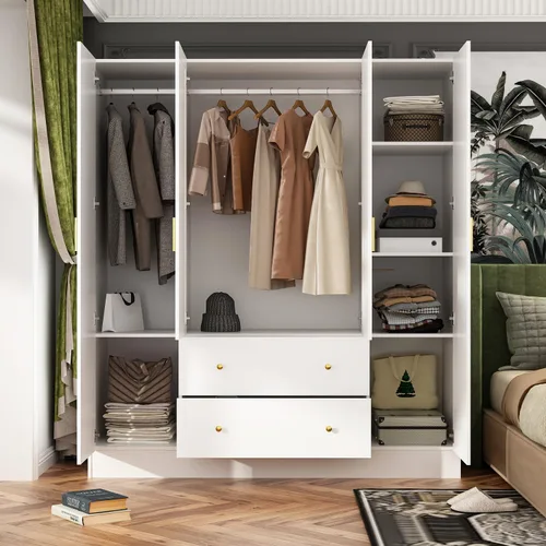 Miniatura 3 de FUNSIR Armario de dormitorio de 4 puertas, armario de madera con espejo, 2 rieles para colgar ropa, 5 estantes de almacenamiento y 2 cajones, unidad