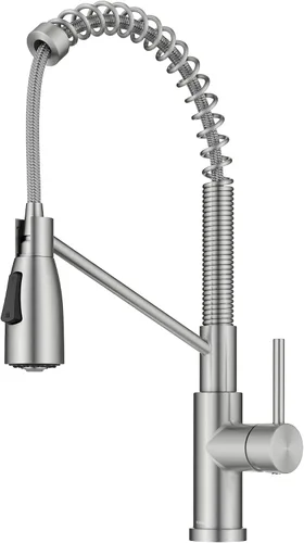 Kraus Coda - Grifo de cocina de estilo comercial de una sola manija con 2 funciones, extraíble hacia abajo, en acero inoxidable sin manchas,