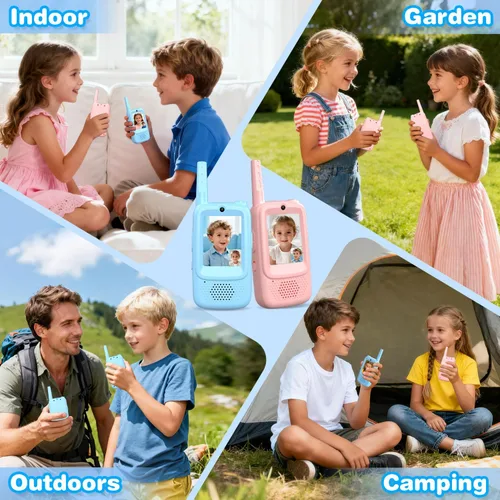 Miniatura 5 de Walkie Talkies de video para niños, paquete de 2 Walkies talkies recargables para niños, juguetes para interiores y exteriores, para campamento