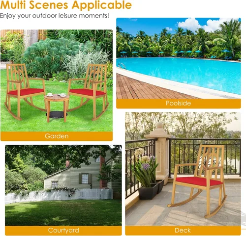 Miniatura 8 de Tangkula Mecedora de madera de acacia para patio, con cojín extraíble de alta densidad, resistente a todo tipo de clima, base equilibrada, perfecta