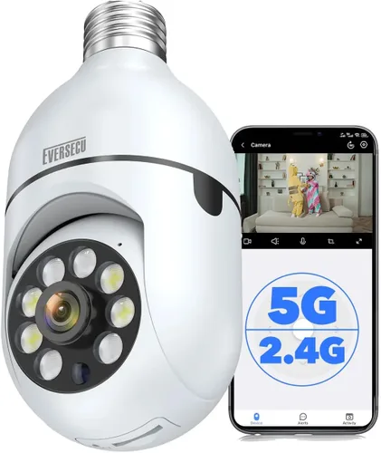 EVERSECU Bombilla de luz inalámbrica de seguridad HD 1080P, WiFi de 2.4g y 5g, seguimiento automático de movimiento, audio de 2 vías, visión