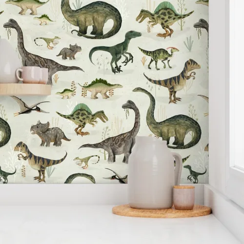 Miniatura 8 de Spoonflower Papel tapiz para despegar y pegar - Dinosaurios grandes Verde Niños Gris Animales Niños Ilustración Dino Papel pintado extraíble