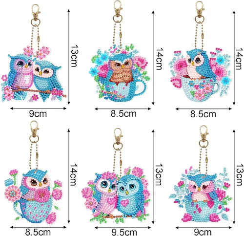 Miniatura 7 de LUSandy Juego de 6 llaveros de pintura de diamante con diseño de búho y flores azules 5D para adultos, diseño especial de búho de doble cara