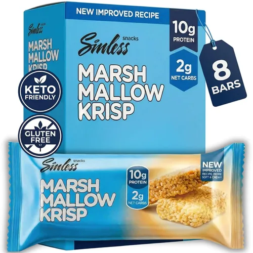 Sinless Snacks Deliciosa barra de malvavisco Krisp - Bocadillo keto bajo en carbohidratos, 0.35 onzas de proteína, 0.07 oz de carbohidratos netos,