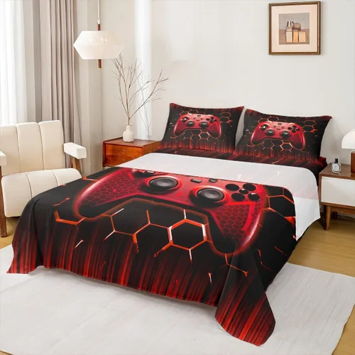Miniatura 22 de Manfei Honeycomb - Juego de sábanas con diseño de mando de videojuegos tamaño Twin, juego de ropa de cama geométrica azul con controlador