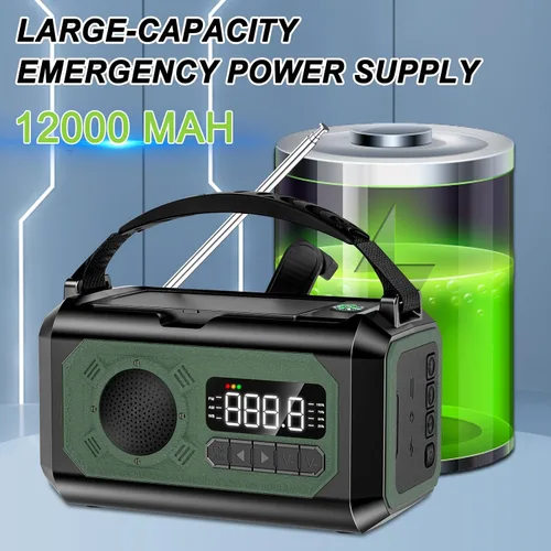 Miniatura 2 de Radio de emergencia de 12000 mAh, radio portátil de alerta meteorológica AM/FM/NOAA, manivela con linterna, lámpara de lectura, alarma SOS, cargador