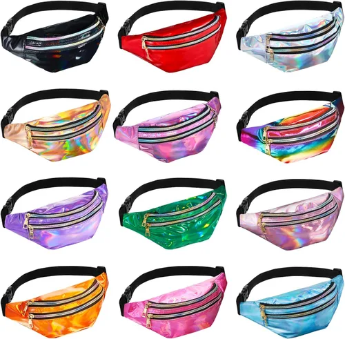 Riñonera holográfica de 12 piezas para mujeres y niños cintura deportiva de color metálico paquete de cintura brillante con 3 bolsas y cinturones
