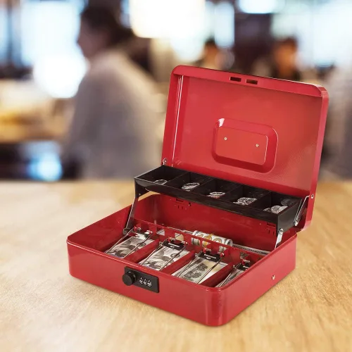 Miniatura 4 de Caja de dinero con bandeja de dinero y cerradura de combinación, caja de dinero de metal para dinero en efectivo, caja de seguridad con niveles