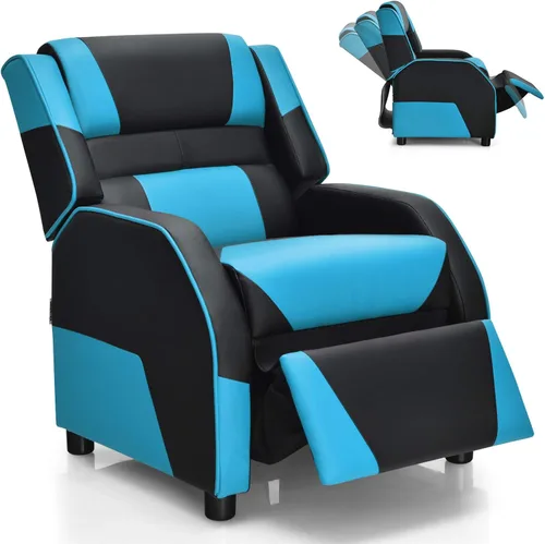 Giantex Silla reclinable para niños, silla reclinable para juegos con reposapiés, reposacabezas y soporte lumbar, silla ergonómica de cuero para Azul