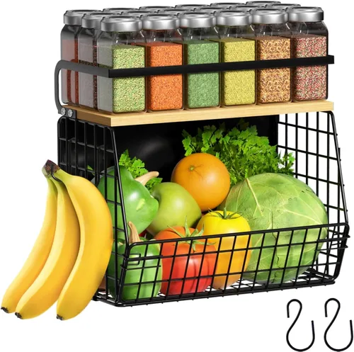 Miniatura 10 de Juego de 2 estantes magnéticos para refrigerador con tapa de madera, contenedores de almacenamiento de papas y cebollas, organizadores y Negro