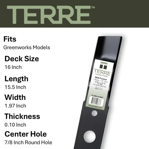 Miniatura 2 de Terre Products - Cuchilla para cortacésped estándar individual, cubierta de 16 pulgadas, compatible con Greenworks 25322, 25142, repuesto para 29512