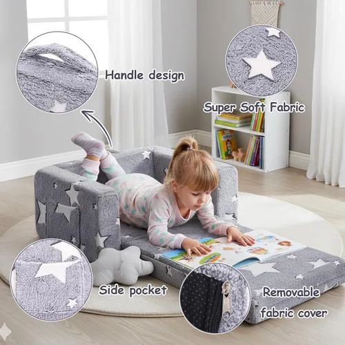 Miniatura 5 de Tiita Silla Sofá para Niños, Sillas Sofá Cómodas Plegables para Niños Pequeños, Sofá de Felpa 2 en 1 para Niños Desplegable, Silla Sofá con estrella