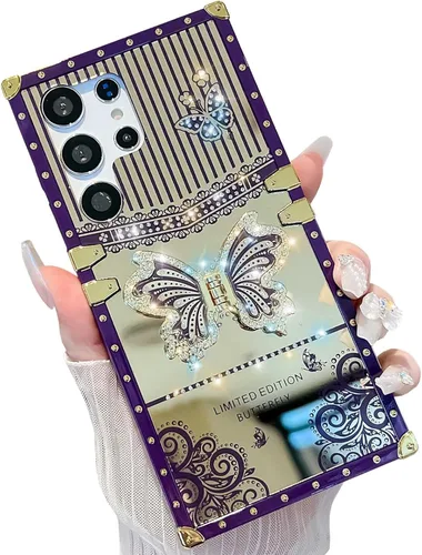 Miniatura 25 de Bonita funda compatible con Samsung Galaxy S22 Ultra, soporte plegable de lujo con diseño de mariposa brillante para mujeres y niñas, funda Blanco