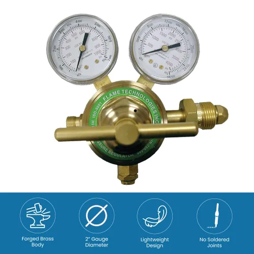 Miniatura 5 de Flame Tech Regulador de pistón de alta presión para gases inertes, regulador para nitrógeno y gas argón, cuerpo y sombrerete de latón forjado