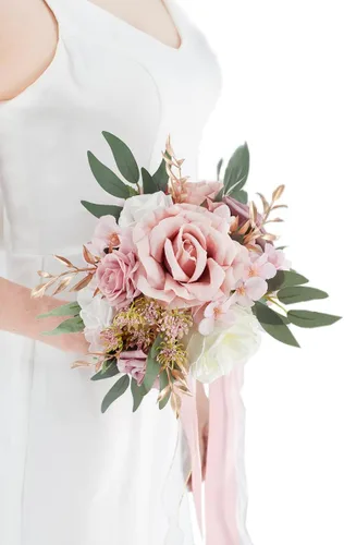 Miniatura 6 de Ansofi Ramos de boda de rosas polvorientas de 9 pulgadas para novia, ramo de novia en cascada para novia, rosas artificiales de seda, ramo de flores