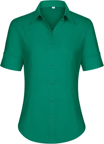 Miniatura 21 de siliteelon Camisas de vestir de manga corta con botones para mujer, camisas de algodón con botones para mujer, blusa ajustada de manga 3/4