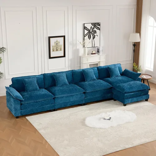 Miniatura 111 de Sofá seccional modular beige de 117.3", sofás seccionales grandes de 3 plazas para sala de estar, sofá nube oversized de tela chenille con otomana