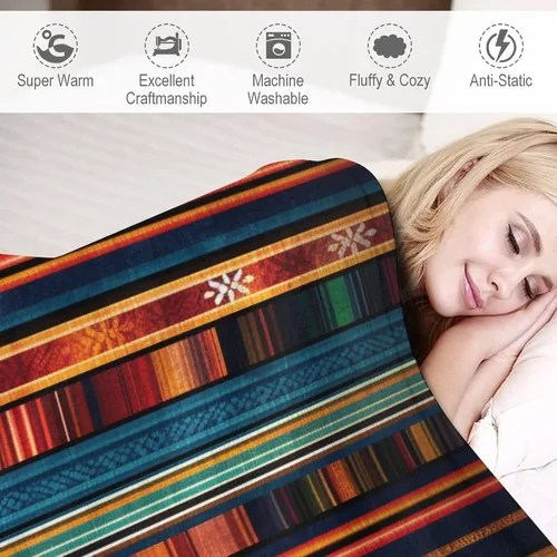 Miniatura 4 de Manta bohemia mexicana retro a rayas multicolor, manta bohemia étnica cálida de 30 x 40 pulgadas, suave manta de felpa mullida y acogedora manta