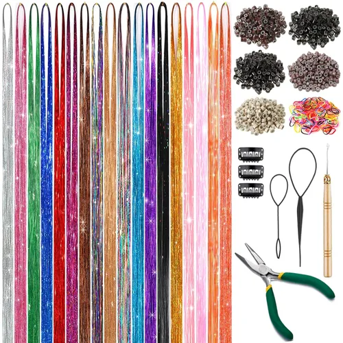 Kit de extensiones de cabello de oropel de 48 pulgadas con purpurina (16 colores, 4800 hebras) con herramientas - Accesorios de cabello de hadas