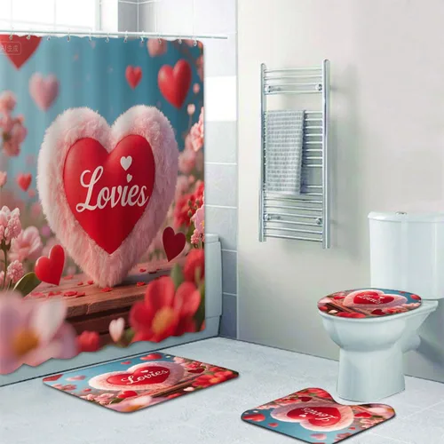 Miniatura 6 de Lover - Juego de cortinas de ducha impermeables para baño, boda, feliz día de San Valentín, gnomos en bicicleta, cortina de ducha de tela de torre