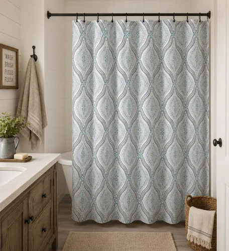 Miniatura 19 de Serafina Home Cortina de ducha bohemia, diseño floral de mandala azul marino, verde azulado, blanco, tela, 72 x 72 pulgadas, resistente a