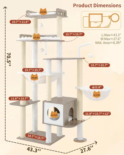 Miniatura 3 de Heybly Árbol para gatos, torre de madera de 70.5 pulgadas para gatos grandes de interior con estructura extra estable, muebles modernos para gatos