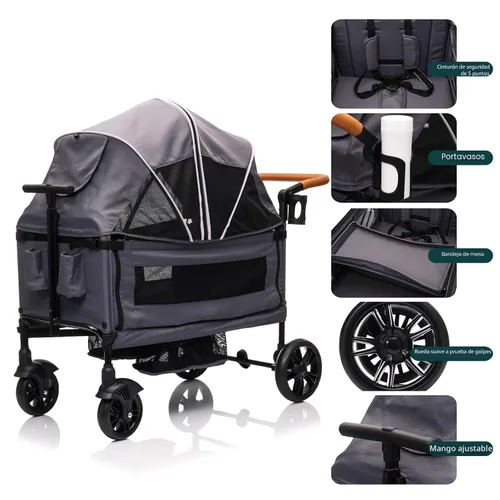 Miniatura 4 de Cochecito de lujo para 2 niños y carga - Ligero plegable de viaje todo terreno doble vagón para recién nacidos y niños pequeños con arnés de 5 Gris