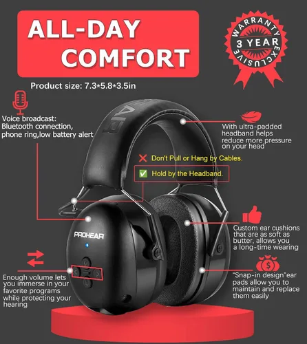 Miniatura 7 de PROHEAR Auriculares de protección auditiva Bluetooth 5.0 037 con batería recargable de 1100 mAh, 25 dB NRR de reducción de ruido con tiempo de negro