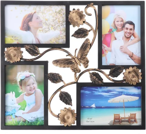 ULTNICE Marco de fotos decorativo para colgar en la pared de 4 aperturas con diseño de collage de flores 3D, material de resina fácil de instalar,
