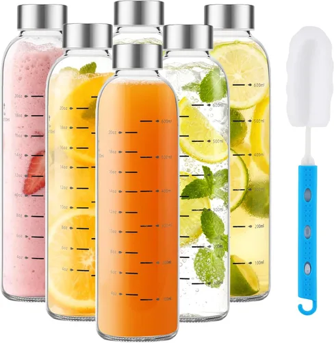 Botellas de vidrio para jugo con tapas, botellas de agua de vidrio reutilizables de 25 onzas con tapas de acero inoxidable, paquete de 6, sin BPA, a