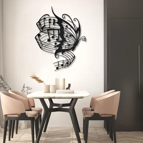 Arte de pared de metal, arte de pared de metal con música de mariposa, notas musicales de arte de pared de metal, decoración de pared de mariposa de