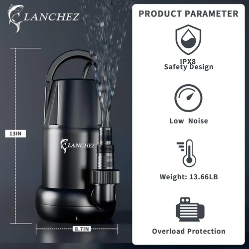 Miniatura 4 de LANCHEZ Bomba de sumidero de 1 HP 4700 GPH Bomba de agua sumergible termoplástica portátil bomba de alto flujo de eliminación de agua para piscina