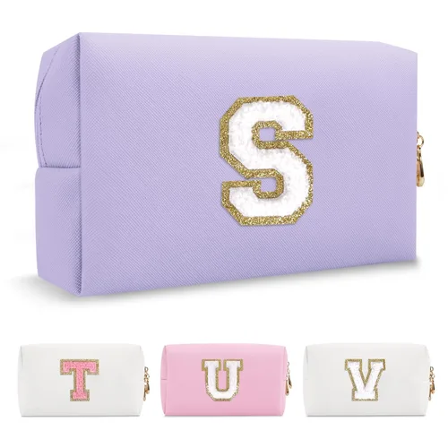 Miniatura 117 de Pequeña bolsa de maquillaje personalizada con inicial A-Z Preppy Patch, bolsa de cosméticos de viaje de felpilla blanca con cremallera, bonita bolsa