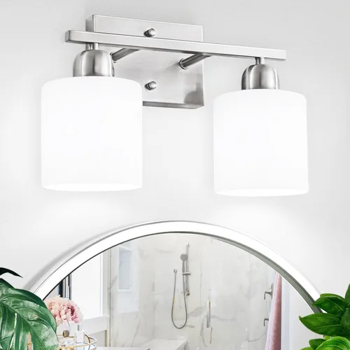 Luz de baño de níquel cepillado, Luz de tocador de baño de 2 luces de níquel cepillado, Lámpara de tocador con pantallas de vidrio esmerilado blanco