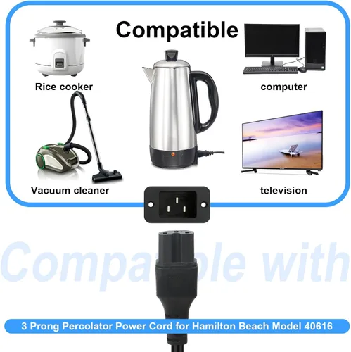 Miniatura 2 de Pieza de repuesto de cable de alimentación de 3 clavijas adecuada para cable percolador Farberware, cable eléctrico para olla a presión eléctrica