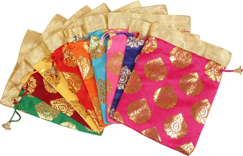 Miniatura 7 de Touchstone Bolsas de cordón tradicionales indias hechas a mano en tejido brocado con patrón de hojas de ficus. Perfecto para regalos, joyas, bodas