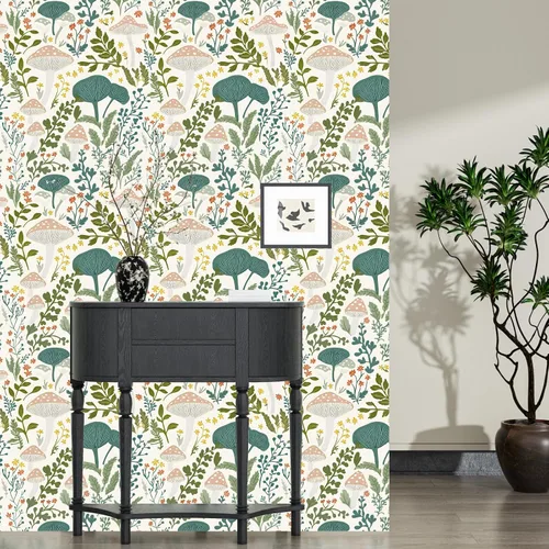 Miniatura 5 de Papel tapiz floral de hongos rosados para despegar y pegar, papel de contacto bohemio con hojas verdes claras, acuarela, colorido mural de pared